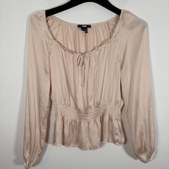 Paige Odalynn Satin Smocked Long Sleeve Blouse Medium Cream Tan Silky Revolve - Picture 5 of 8